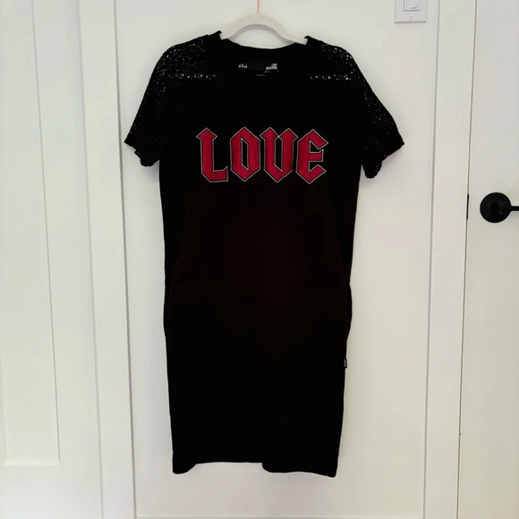 Love Moschino Black Sweatshirt dress love satin patch lace short sleeves Size 8 - Picture 2 of 8